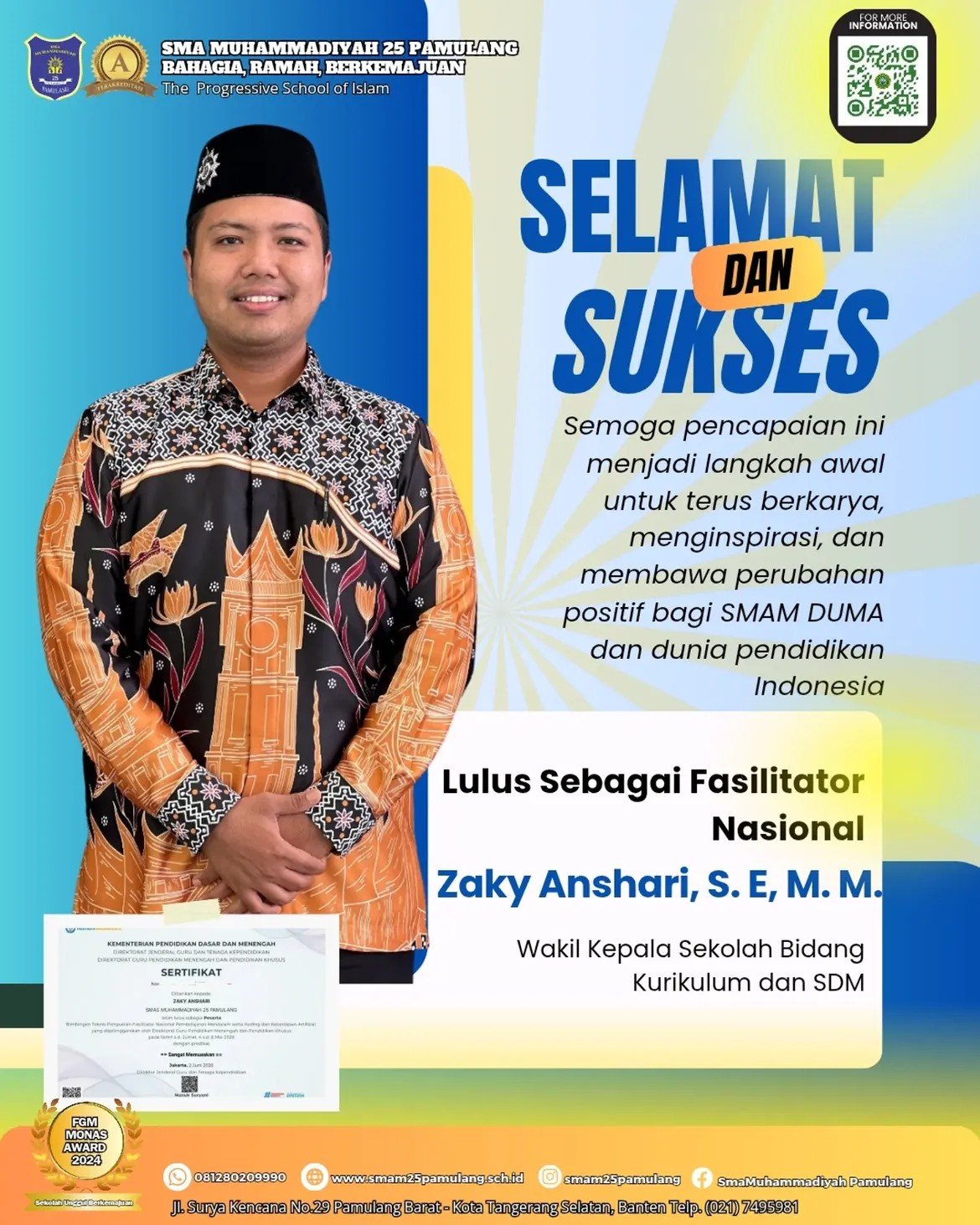 Wakasek Kurikulum dan SDM SMAMDuma Lolos Seleksi Fasilitator Nasional Pembelajaran Mendalam serta Koding dan Kecerdasan Artifisial